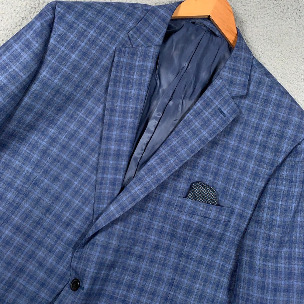 Ralph Lauren Plaid Blazer Jacket Men's 52R Blue 2-Button Wool Blend Stretch Coat